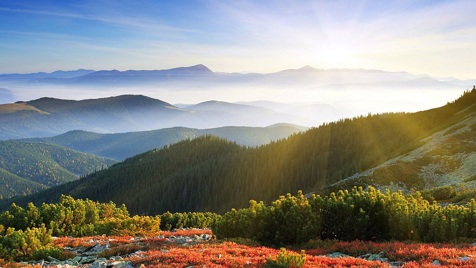 mountain range under blue sky, landscape, hills HD wallpaper