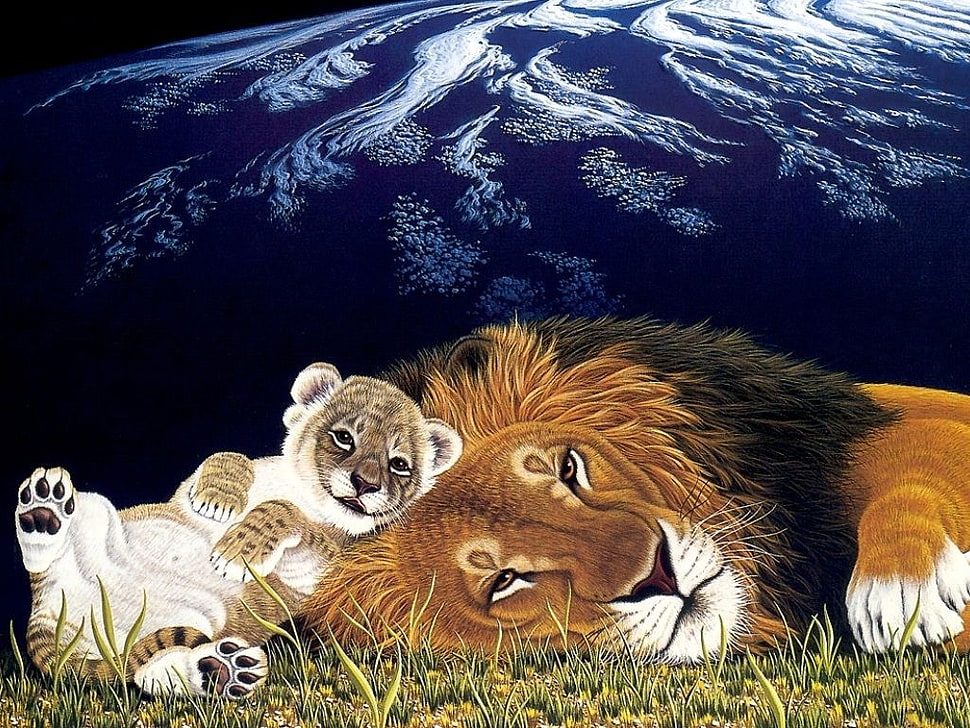 Lion with cub digital wallpaper, artwork, animals, baby animals, lion HD wallpaper