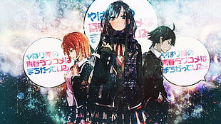 anime character digital wallpaper, Yahari Ore no Seishun Love Comedy wa Machigatteiru, Hikigaya Hachiman, Yuigahama Yui, Yukinoshita Yukino