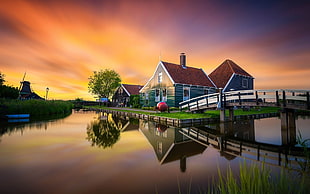 house, green grass lawn and bridge digital wallpaper, Netherlands, river, mill, house