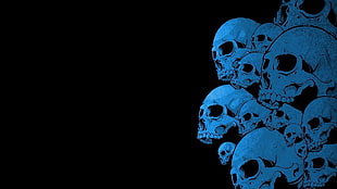 assorted human skulls, black background, blue, skull
