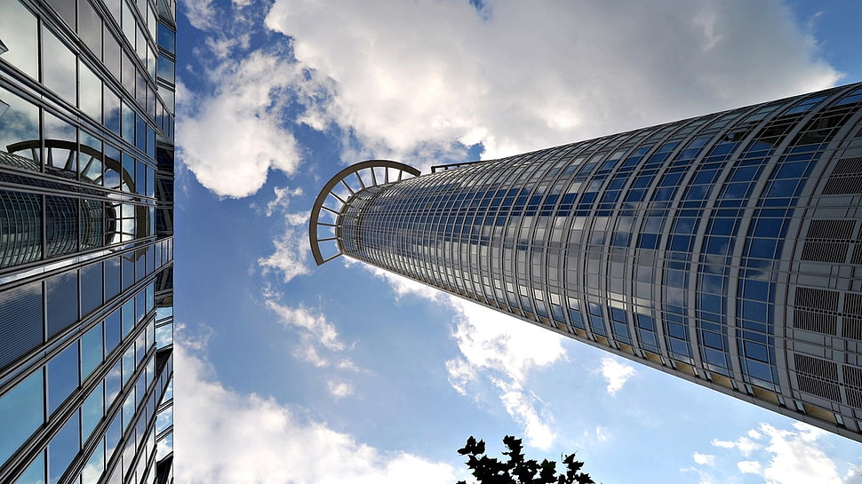 silver building, cityscape, building, reflection, clouds HD wallpaper