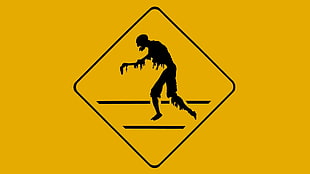 zombie signage, yellow background, zombies, sign, minimalism