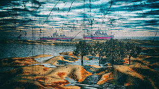 two container ships on beach painting, ship, artwork, landscape