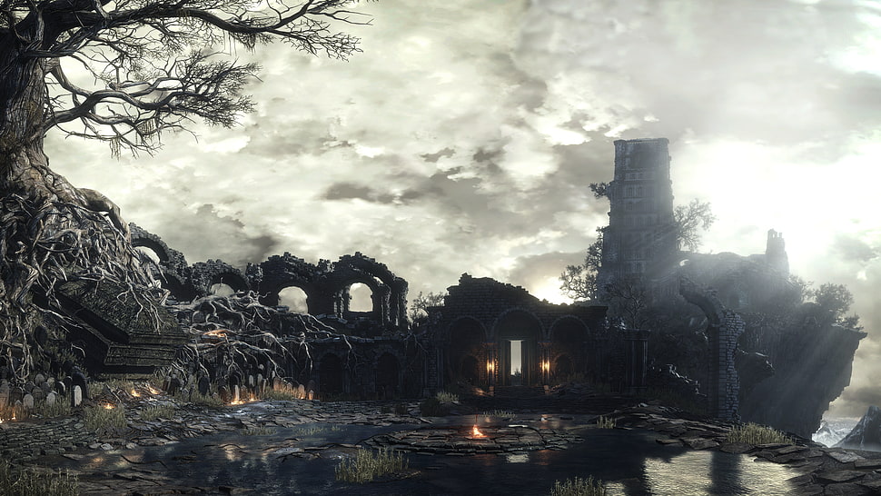 black concrete ruin under white sky, Dark Souls III, video games HD wallpaper