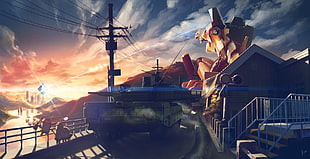 orange robot near tank anime wallpaper, minions, tank, Neon Genesis Evangelion, sunset HD wallpaper