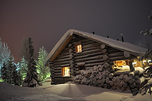 brown wooden house covered by snow during night  time HD wallpaper