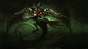 black and red winged dragon illustration, fantasy art
