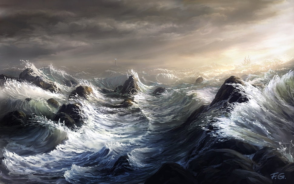 ocean waves painting, artwork, waves, sea, fantasy art HD wallpaper