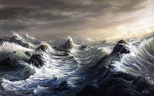 ocean waves painting, artwork, waves, sea, fantasy art