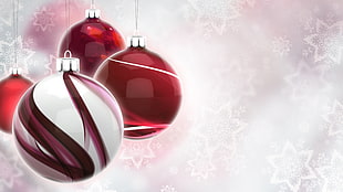 red baubles, Christmas ornaments , vector, digital art, snow flakes