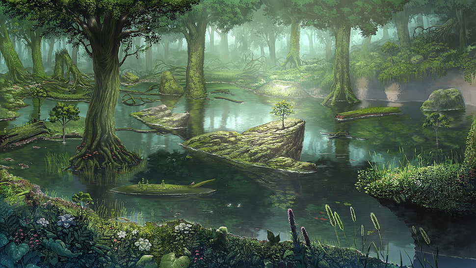 body of water with green trees painting, digital art, drawing, forest, fantasy art HD wallpaper