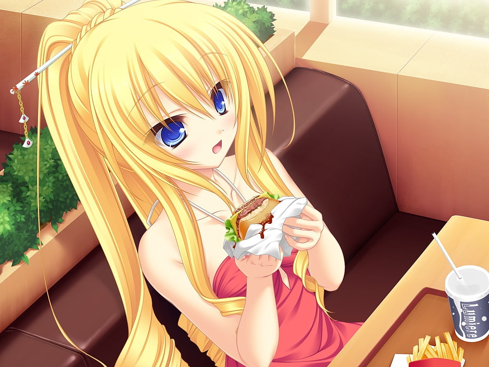 girl anime character holding burger illustration HD wallpaper