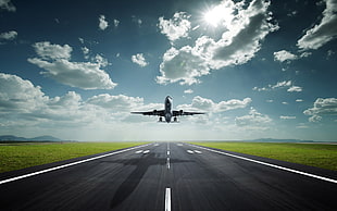 white airplane, airplane, runway