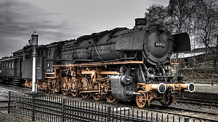 vintage black and brown train, train station, train, railway, HDR