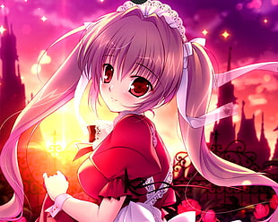 gray haired animated girl wearing red dress digital wallpaper