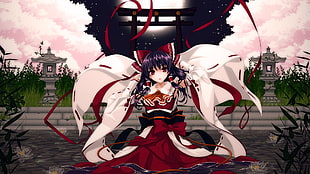 female anime character in white and red kimono with purple hair