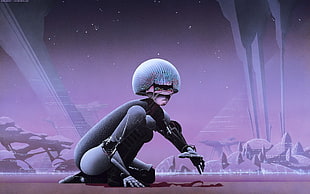 person lying on floor painting, science fiction, robot, Roger Dean