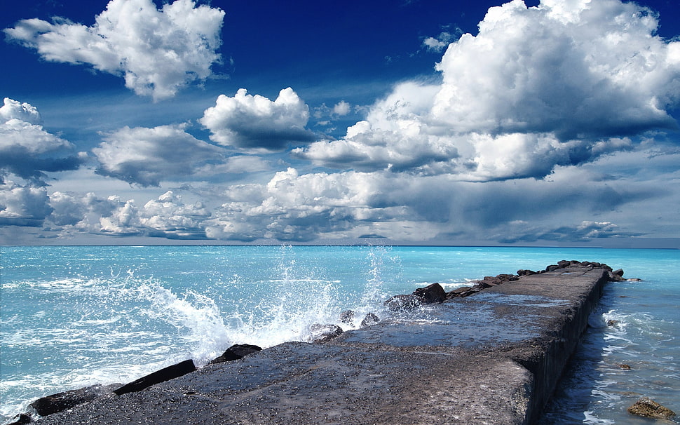 gray concrete boats dock, landscape, nature, waves, clouds HD wallpaper