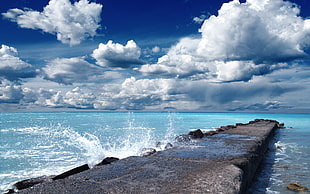 gray concrete boats dock, landscape, nature, waves, clouds