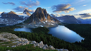 landscape view of mountains wallpaper, lake, mountains, wood HD wallpaper