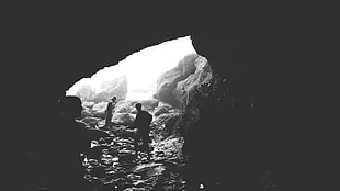 greyscale photo of person inside cave, cave, people, monochrome