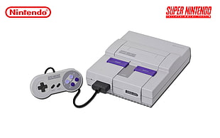 gray and orange Nintendo SNES console with controller, Super Nintendo, consoles, video games, simple background