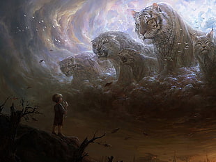 three tigers and child digital wallpaper, fantasy art, children, big cats, animals HD wallpaper