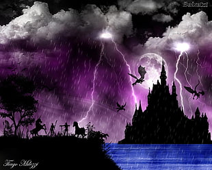 castle with flying dragons digital wallpaper, dark, fantasy art