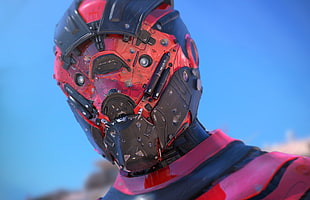 black and red mask, robot, digital art