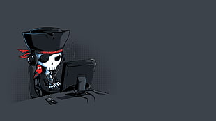 skull sitting facing monitor wallpaper, pirates, computer, skeleton, minimalism HD wallpaper