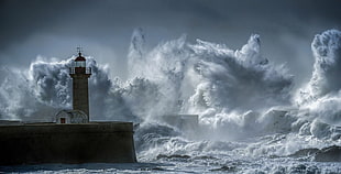 crashing big waves in front of lighthouse illustration, photography, nature, landscape, lighthouse HD wallpaper