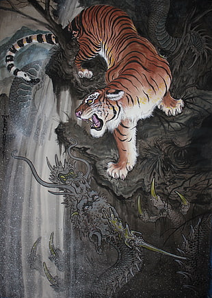painting of Siberian tiger, tiger, dragon, tim lehi , tattoo HD wallpaper