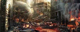digital painting of destructed city, digital art, apocalyptic, Mortal Kombat X, video games