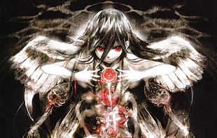 anime character, angel, red eyes, dark HD wallpaper