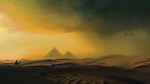Egypt, desert, artwork, pyramid, camels