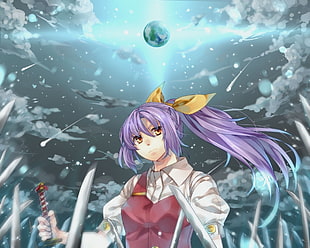 purple haired female anime character surrounded by swords