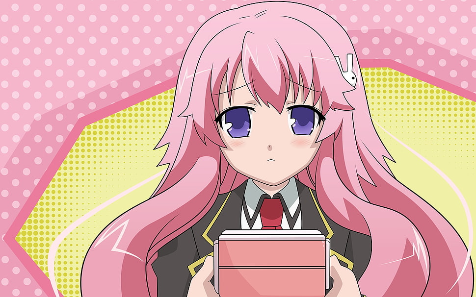 female anime character with pink hair and purple eyes carrying a pink box HD wallpaper