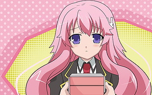 female anime character with pink hair and purple eyes carrying a pink box