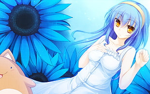 blue haired woman anime character HD wallpaper