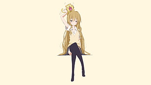 female anime character wearing white and yellow collared dress