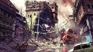 red bus in between wrecked houses HD wallpaper