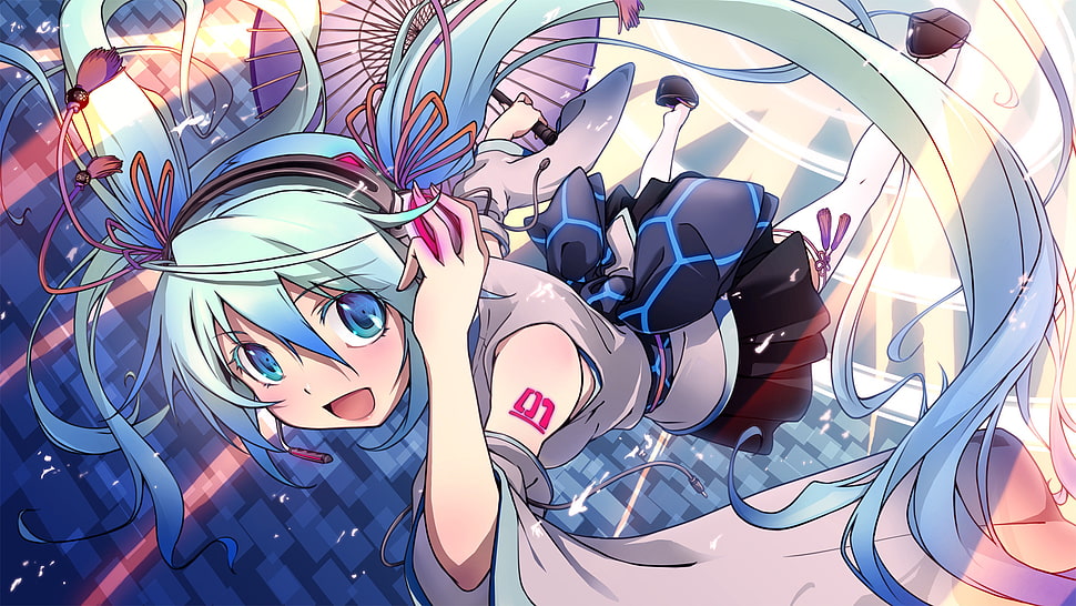 female with blue hair cartoon character wallpaper, Hatsune Miku, Vocaloid HD wallpaper