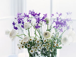 white and purple flower arrangement