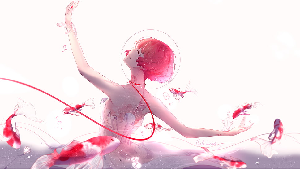 Anime girl, Ballet dancer, Fishes, Pink HD wallpaper