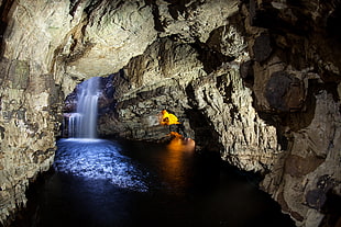 landscape photo of underwater cave, smoo cave, durness, scotland