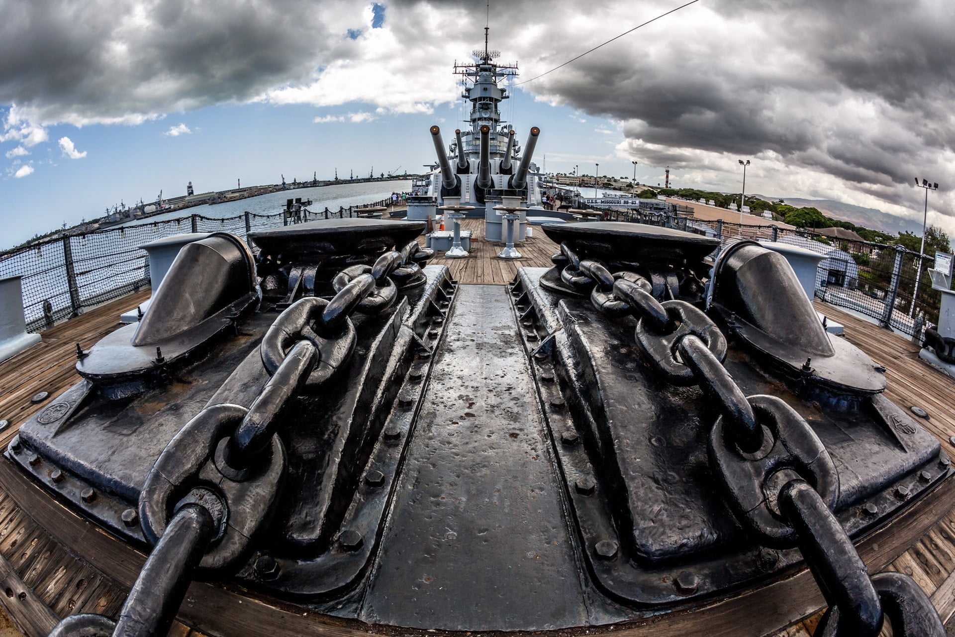 photo of battleship deck and main cannons, battleships, navy