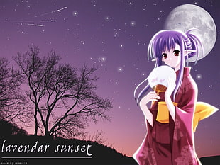 female anime character with purple long hair
