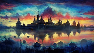 painting of castle, drawing, painting, monastery, reflection
