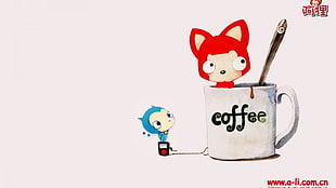 two white and blue cat illustration, coffee, artwork, cup, anime